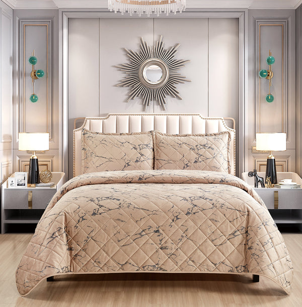 3 Piece Velvet Bedspread Set Quilted Bed Throw Marble Design Bed Set & 2 Pillow Shams (Beige)BedspreadB/3P/Vlvt/BS/Beg/Dbl