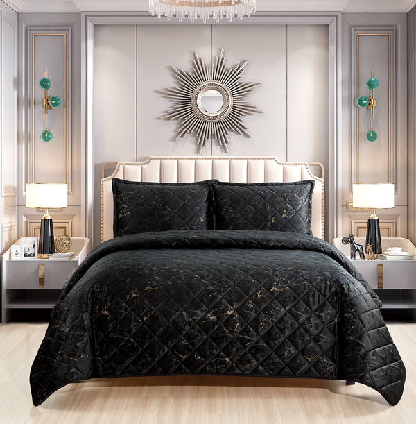 3 Piece Velvet Bedspread Set Quilted Bed Throw Marble Design Bed Set & 2 Pillow Shams (Black)Bedding BedspreadB/3P/Vlvt/BS/Dbl/Blk