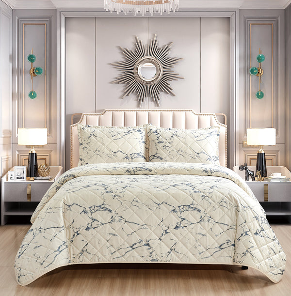 3 Piece Velvet Bedspread Set Quilted Bed Throw Marble Design Bed Set & 2 Pillow Shams (Cream)BedspreadB/3P/Vlvt/Beg/Dbl