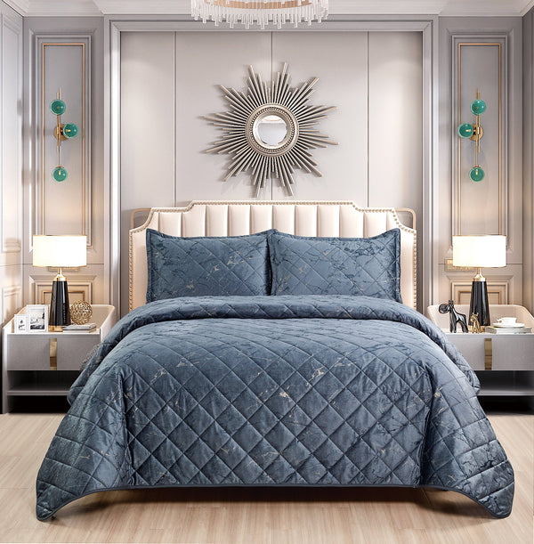 3 Piece Velvet Bedspread Set Quilted Bed Throw Marble Design Bed Set & 2 Pillow Shams (Grey)BedspreadB/3P/Vlvt/Gry/Dbl