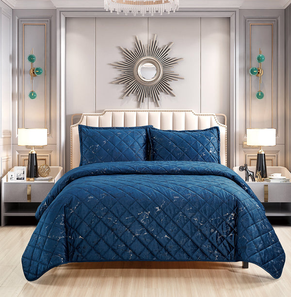 3 Piece Velvet Bedspread set Quilted Bed Throw Marble Design Bed Set & 2 Pillow Shams (Navy)BedspreadB/3P/Vlvt/BS/Nvy/Dbl