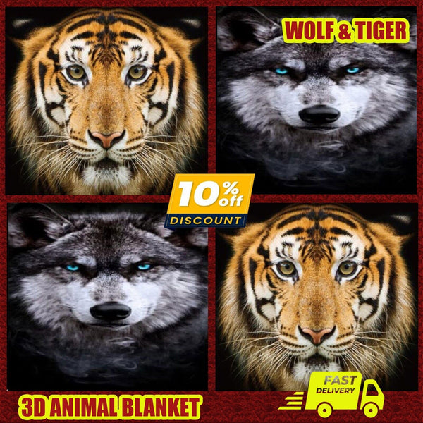 3D Wolf & Tiger Printed Large Blanket Warm Sofa Bed Fleece Throw Flannel DoubleRC/Flece/Wolf/Dbl