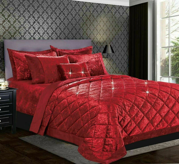 3Pcs Bedspread Crushed Velvet Set Comforter Throw Matching Pillow ShamsBedspreadSntgo/BS/Dbl/Red