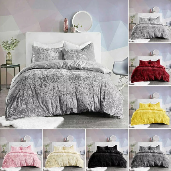 4 Piece Complete Bedding Set Crushed Velvet Duvet Cover Fitted Sheet PillowcasesComplete Bedding SetB/CrshVlvtCS/Sngl/Blk