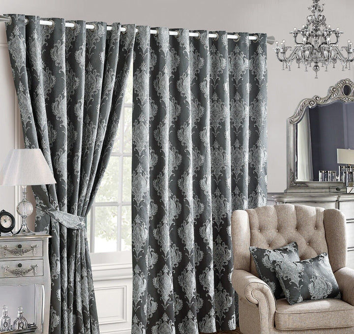 Luxury Jacquard Curtains Ready Made Fully Lined Ring Top Eyelet Pair Tiebacks