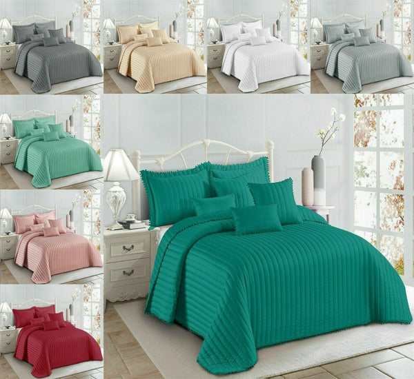 3Pcs Modern Quilted Pom Pom Bedspread Throw Set With Matching Pillow Cases