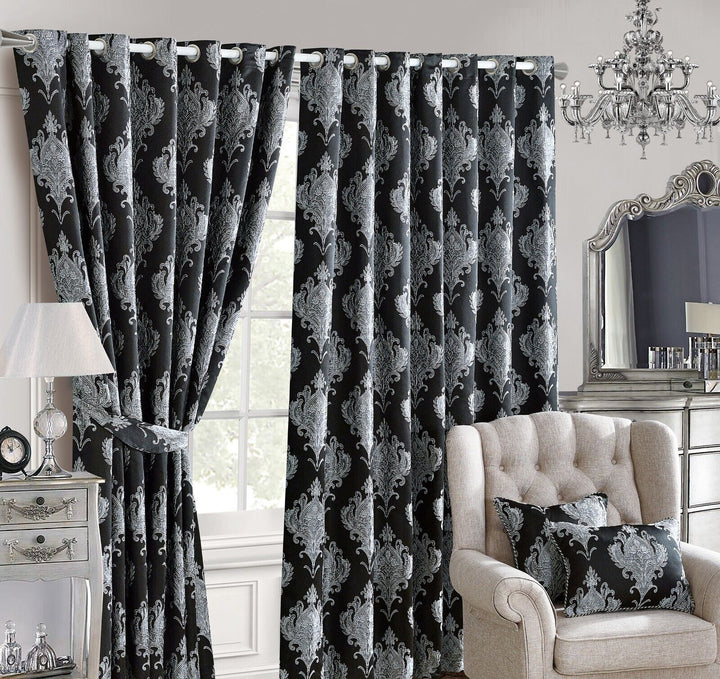 Luxury Jacquard Curtains Ready Made Fully Lined Ring Top Eyelet Pair Tiebacks