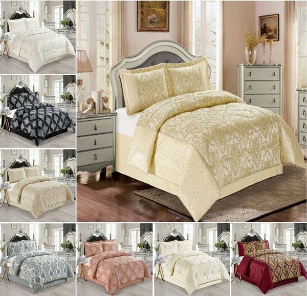 Jacquard Bedspread 3 Piece Heavy Quilted Comforter Set Floral Pattern Bed Throw