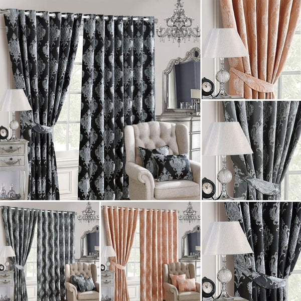 Luxury Jacquard Curtains Ready Made Fully Lined Ring Top Eyelet Pair Tiebacks