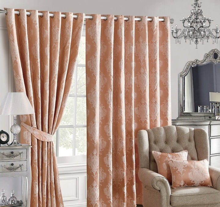 Luxury Jacquard Curtains Ready Made Fully Lined Ring Top Eyelet Pair Tiebacks