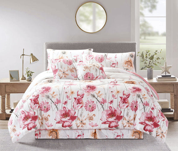 7 Piece Floral Printed Bedding Set Quilted Bedspread Bed Skirt Pillow Sham & Cushions (A06)BedspreadB/7P/Pnch/D/A06