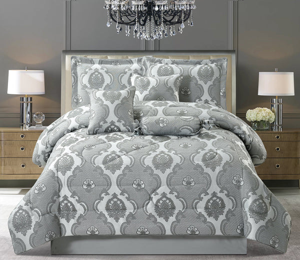 7 Piece Jacquard Bedding Set Bedspreads Comforter Set Bed Skirt Pillowshams & Cushion CoversBedspreadB/7P/Irene/Dbl/Gry