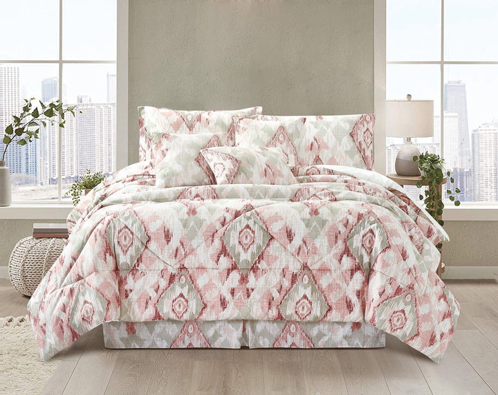 7 Piece Printed Bedspreads Floral Comforter Set Neck Pillow Bedskirt & Cushion (A08)BedspreadB/7P/Pnch/D/A08