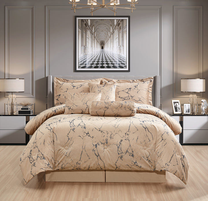 7 piece velvet marble complete bedding set beige