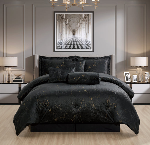 7 piece velvet marble complete bedding set  black