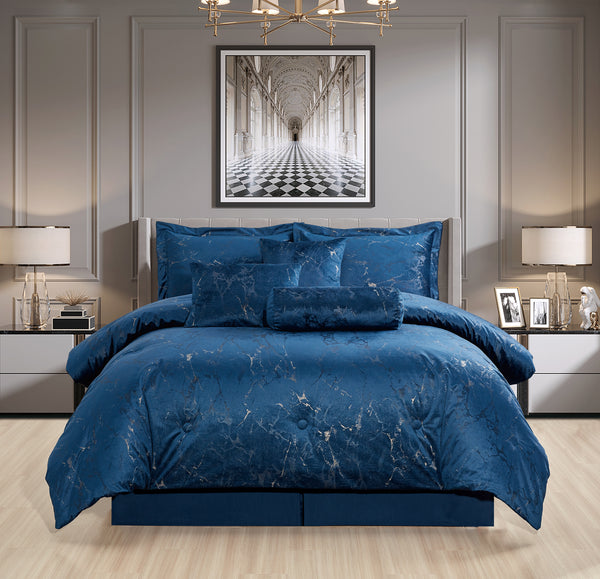 7 piece velvet marble complete bedding set blue