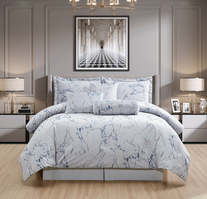 7 piece velvet marble complete bedding set silver