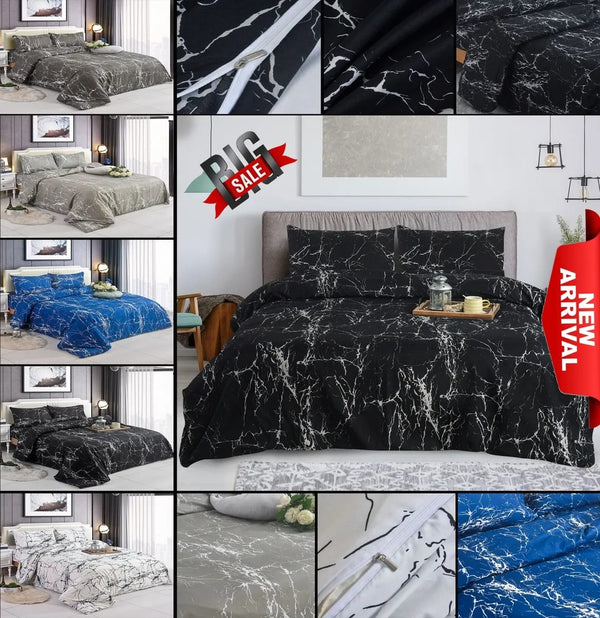 Marble Effect Duvet Cover Complete Bedding Set Fitted Sheet & 2 Pillowcases